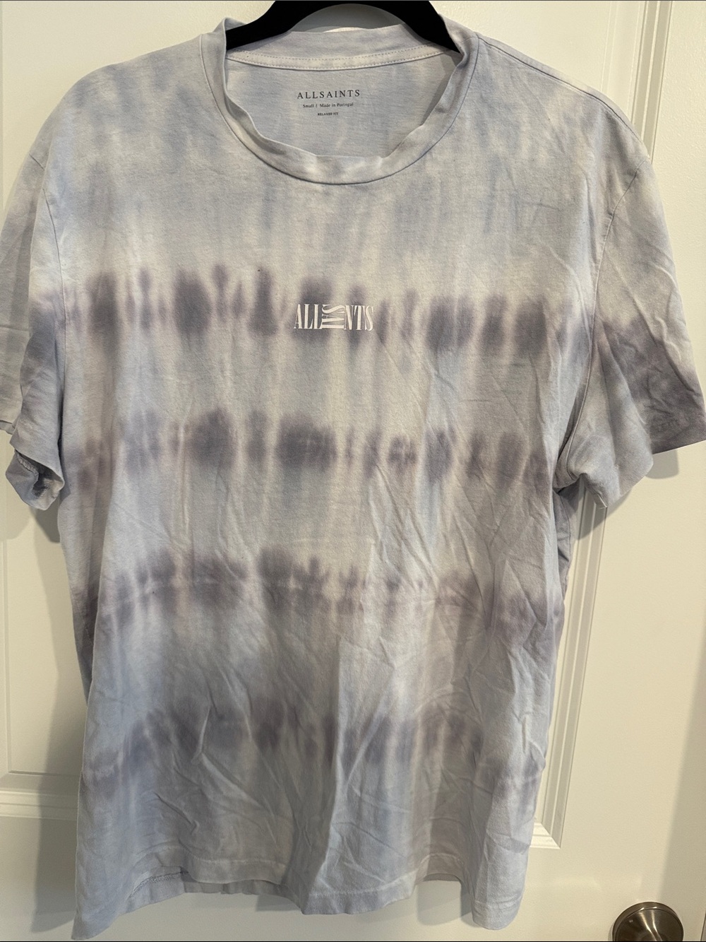 All Saints Men's Tie-Dye Short Sleeve Tee in Light Blue and Gray